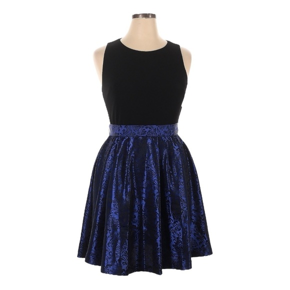Eliza J Fit & Flare Mini Dress 14 NWT Blue Satin Brocade Open Back Sleeveless - Picture 1 of 10